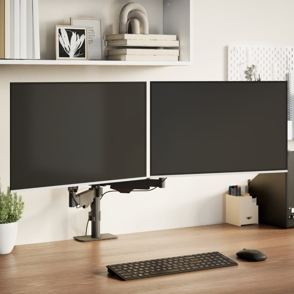 ErgoVue Span dual monitor arm in black steel, holding two screens side by side at eye level above a clear desk