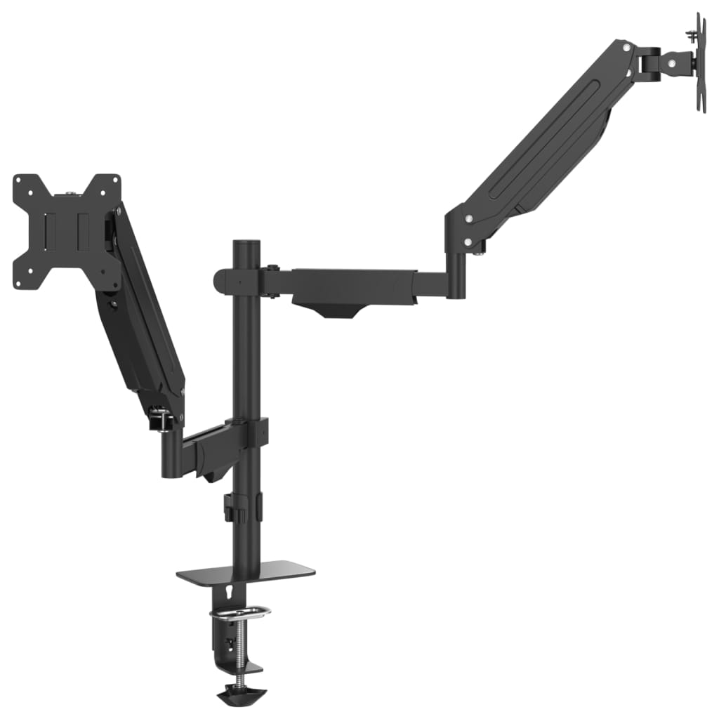 ErgoVue Span dual monitor arm gas spring joints and C-clamp desk mount shown in detail