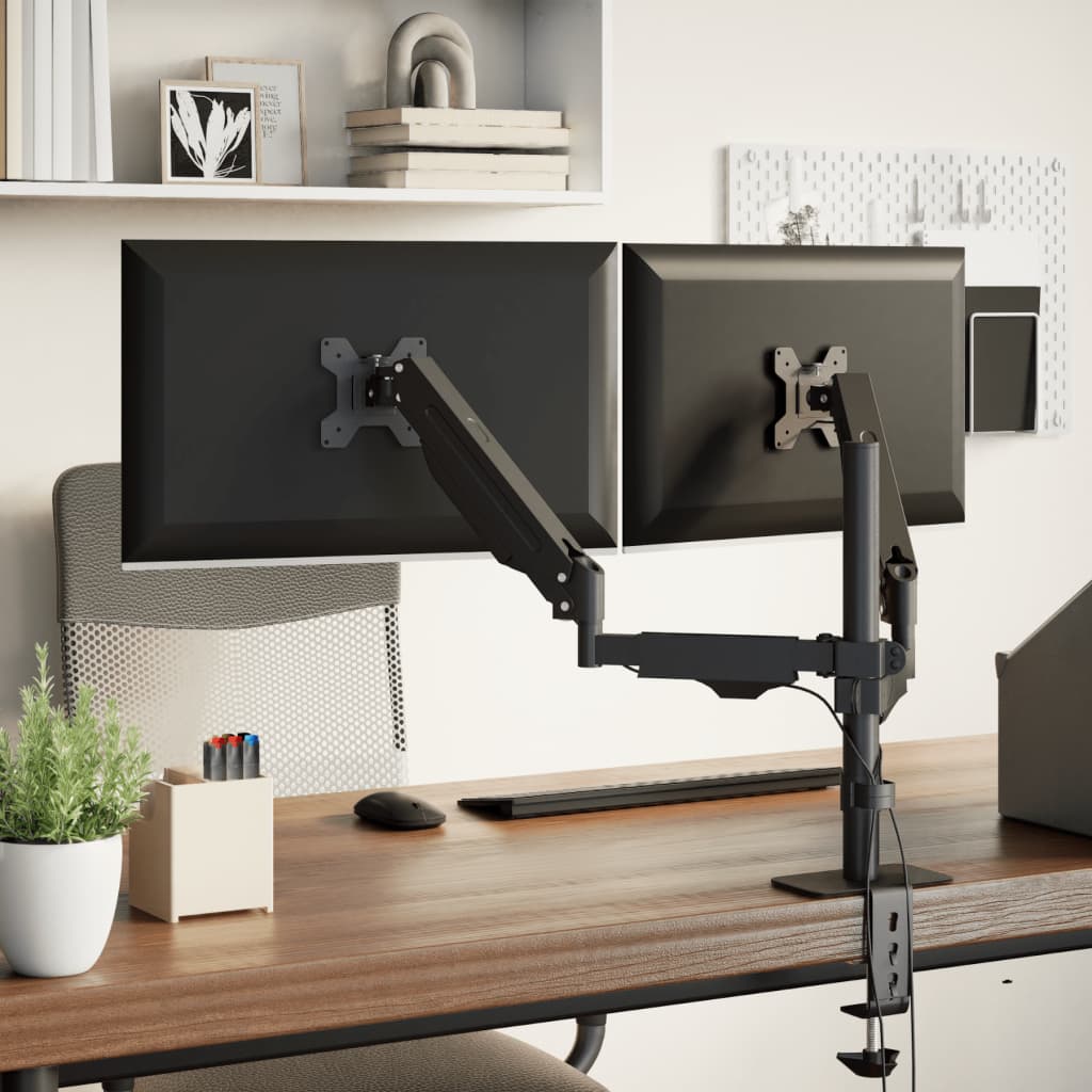 ErgoVue Span dual monitor arm with one screen rotated to portrait orientation, showing the 360 degree rotation
