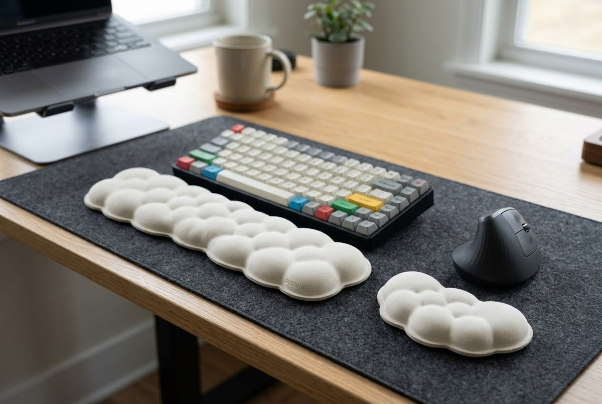 ErgoVue Cloud wrist and palm rest set in off-white, cloud-shaped memory foam rests at a keyboard and mouse on a grey felt desk mat