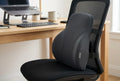 ErgoVue Contour 50D memory foam lumbar support in black, strapped to a mesh office chair