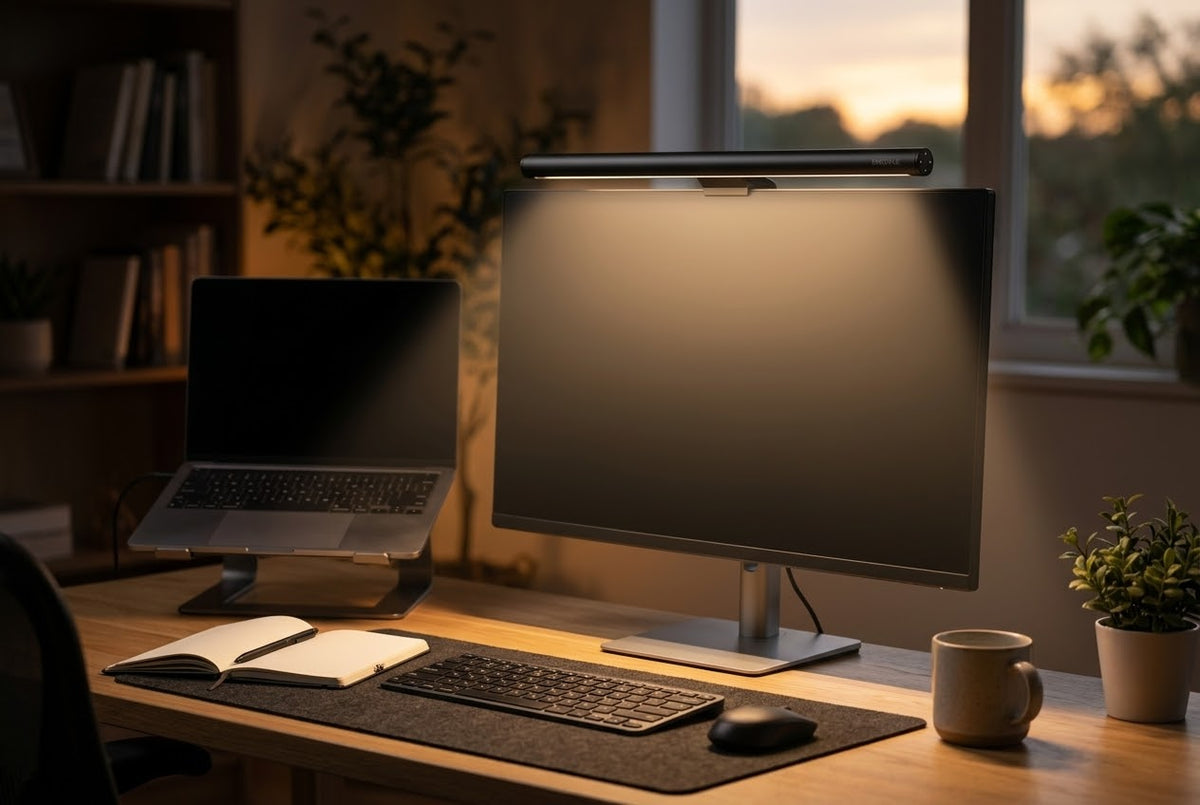 ErgoVue Horizon asymmetric light bar in matte black resting on a monitor at dusk, casting warm light down onto the desk and keyboard