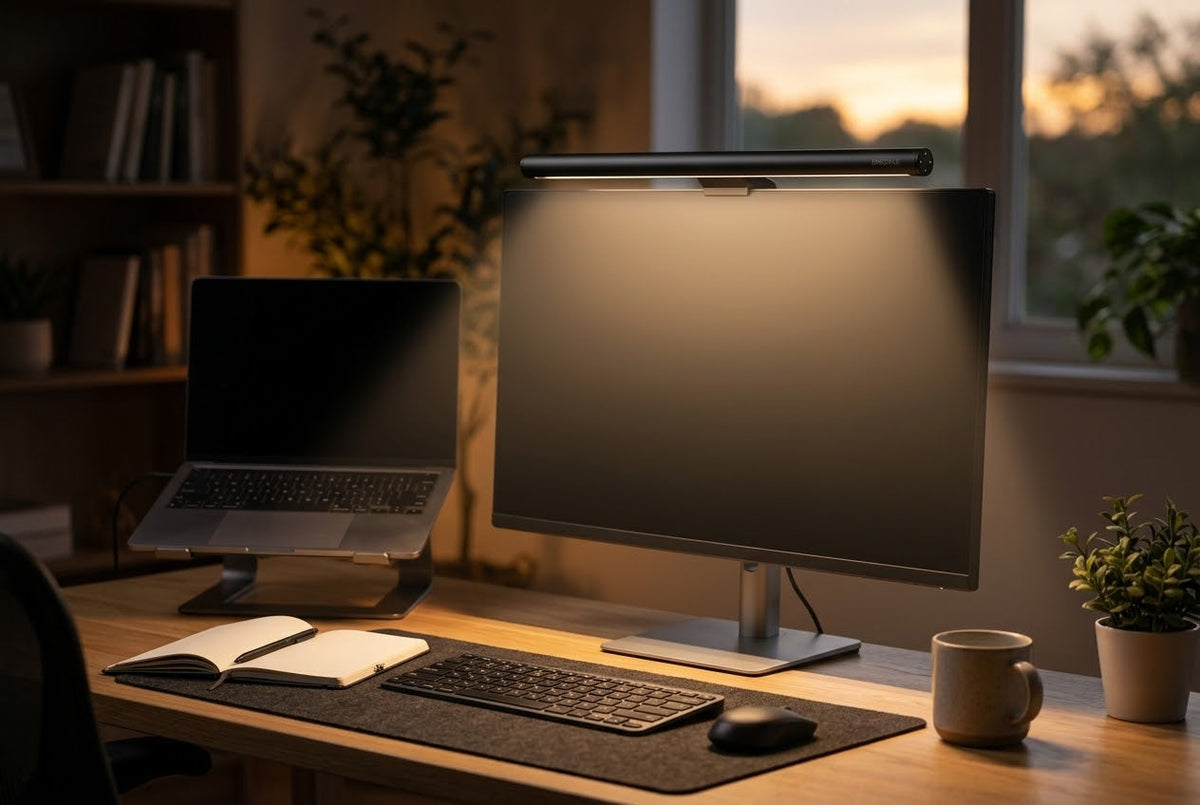 ErgoVue Horizon asymmetric light bar on a monitor at dusk, part of the Complete Desk Setup