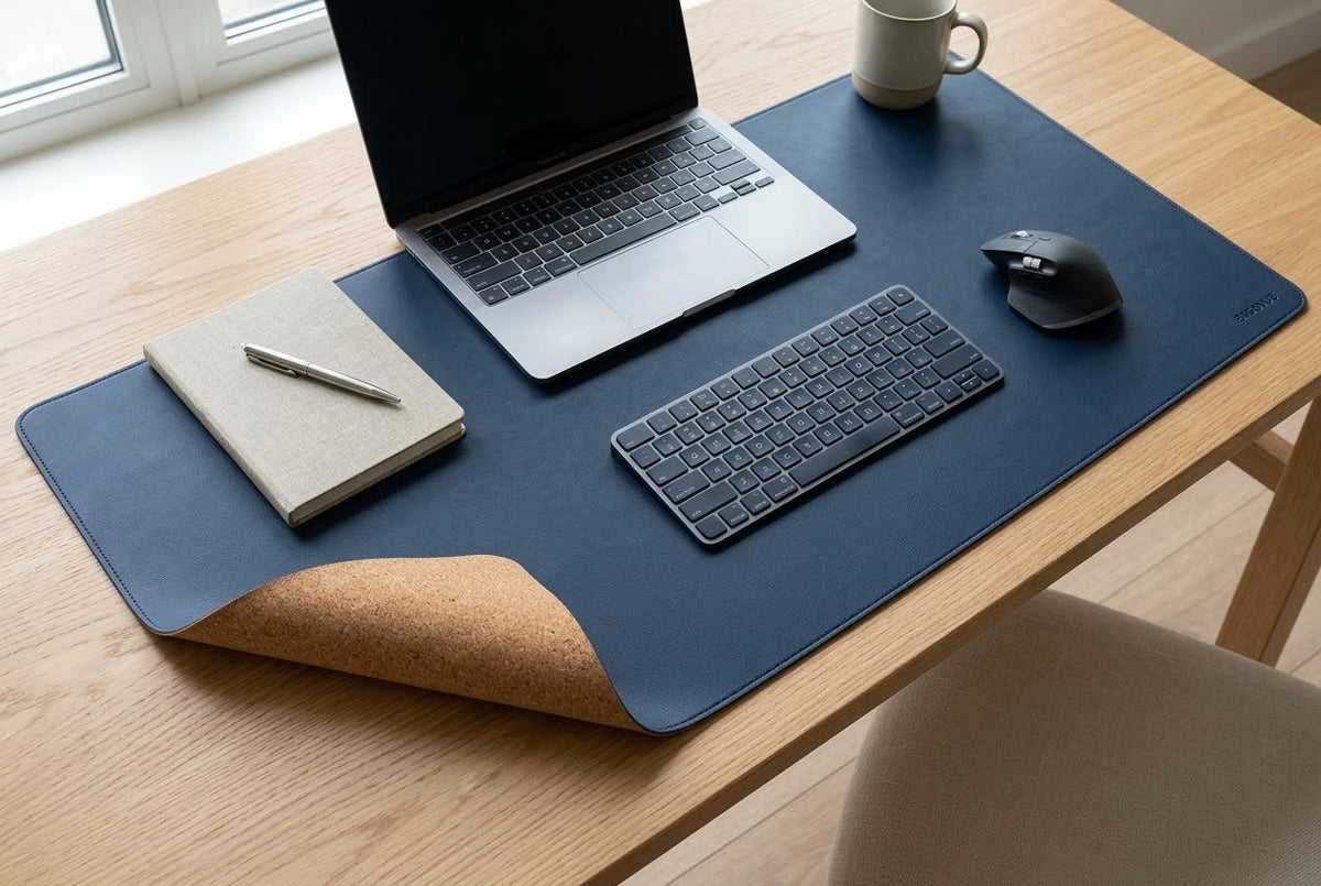 ErgoVue Studio dual-sided desk mat in slate blue faux leather with the corner folded to show the cork reverse